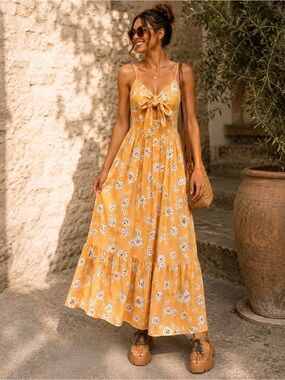 Grace Karin Yellow Floral Tie-Front Maxi Dress